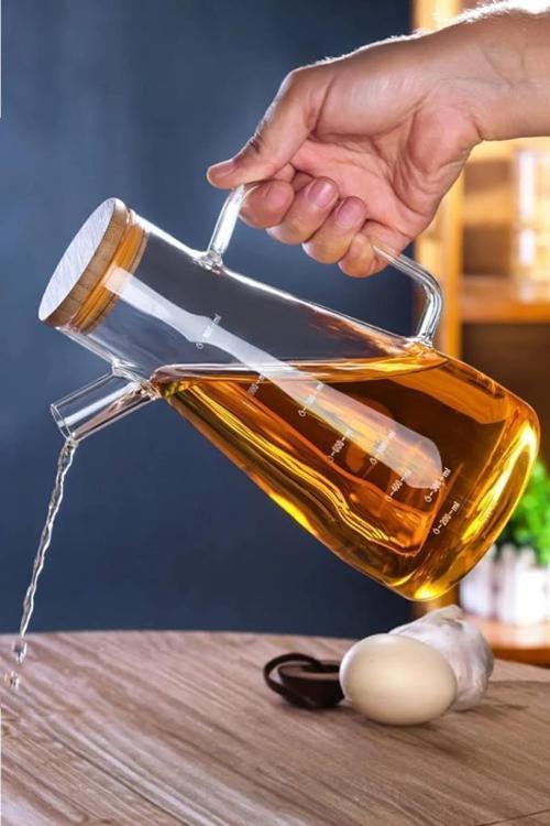900 ml Bambu Kapaklı Cam Yağdanlık Borosilikat Sızdırmaz Yağlık Sirkelik Yağ Şişesi Sosluk