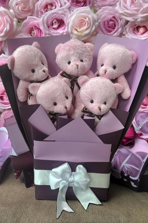 Sevgiliye Özel Pembe - Mor Konsept Romantik Peluş Ayıcık Buketi