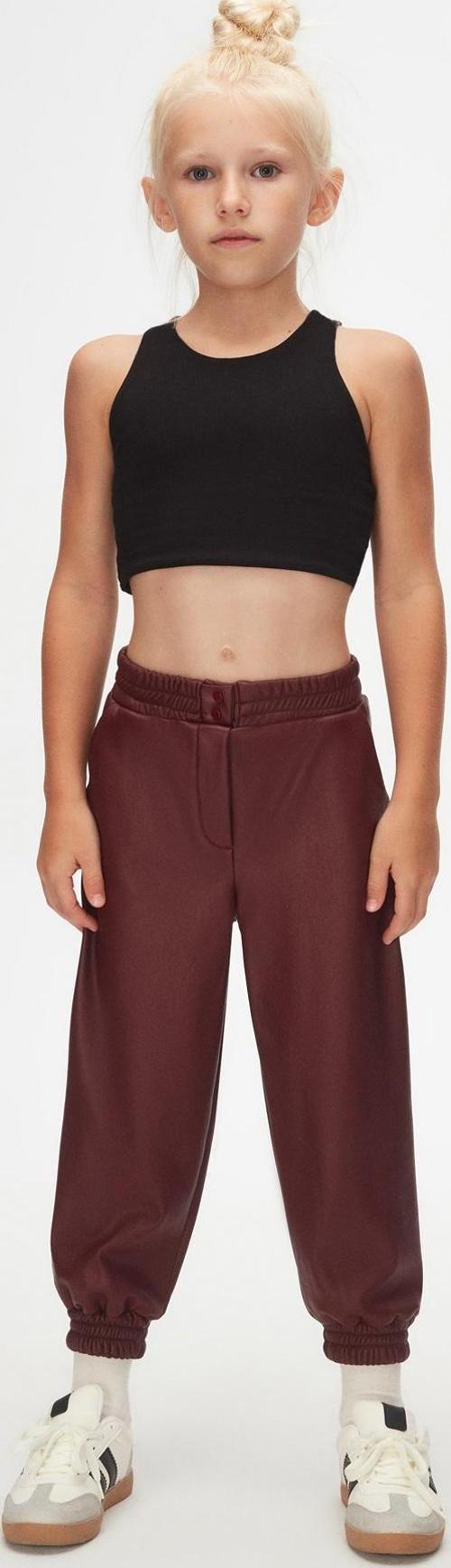 Bordo Kız Çocuk Çıtçıtlı Paça Büzgüllü Kışlık Deri Pantolon