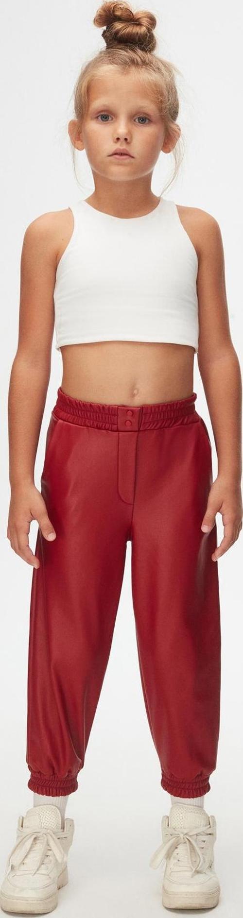 Kırmızı Kız Çocuk Çıtçıtlı Paça Büzgüllü Kışlık Deri Pantolon