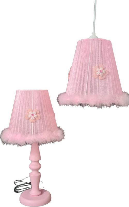 Pembe Ahşap Ayaklı Kız Çocuk Bebek Odası Avize Abajur Seti