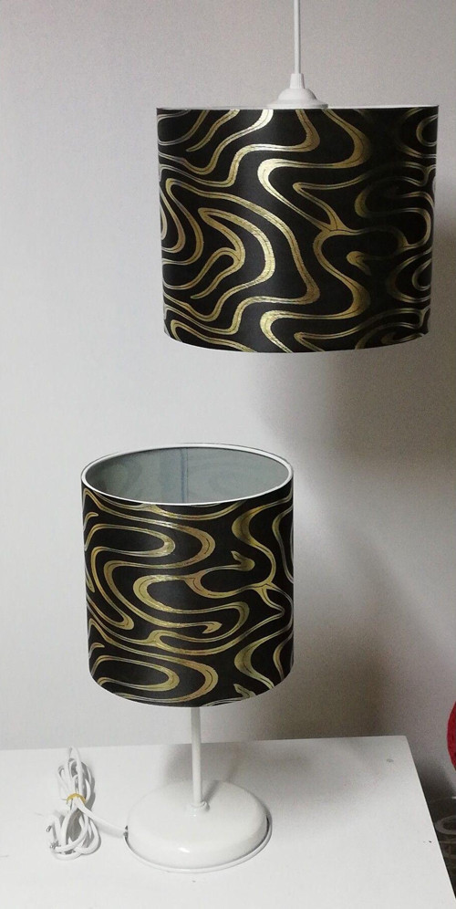 Gold Siyah Zebra Avize Abajur Seti