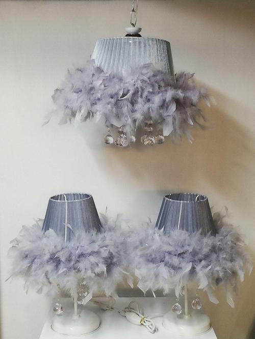 Gri Tüylü Taşlı Yatak Odası Avize Abajur Seti 2 Abajur 1 Avize