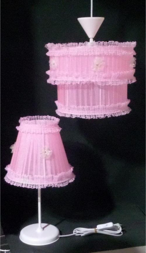 Pembe Fırfırlı Kız Çocuk Odası Yatak Odası Avize Abajur Seti