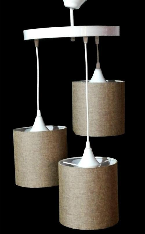 3 Lü Beyaz Metal Tepsili Hasır Rengi Başlıklı Salon Oturma Odası Avizesi