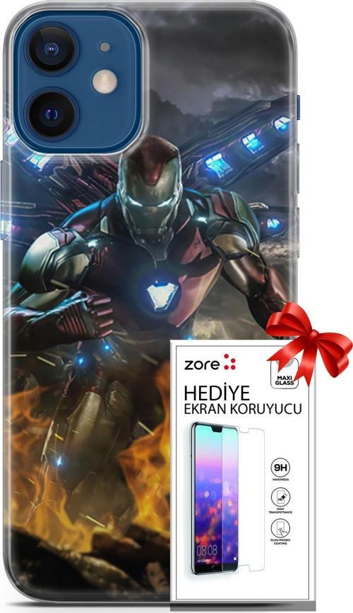 Apple İphone 12 Mini Kılıf Orijinal Seri Supers 30 Iron Man Kenarları Şeffaf Kapak Ve Ekran Koruyucu