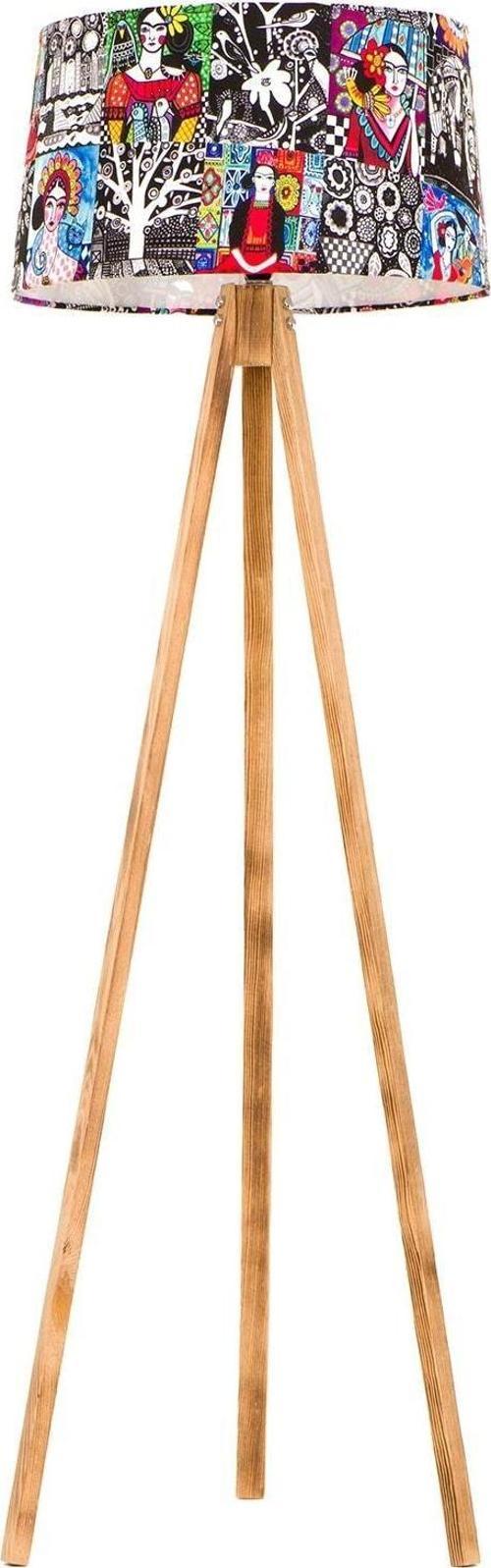 3 Ayaklı Ahşap Tripod Özel Tasarım Renkli Desen Kumaş Başlıklı Lambader