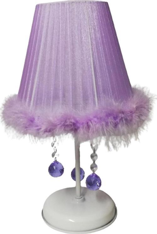 Lila Tüylü Taşlı Yatak Odası Abajuru,Beyaz Metal Ayaklı E 27 Duy
