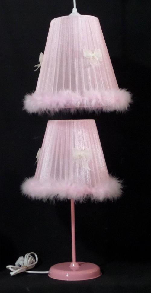 Kız Çocuk Odası Bebek Odası Pembe Tüylü Fiyonklu Peluş Avize Abajur Seti