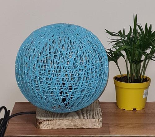 Mavi Jüt El Yapımı Ip Örme Küre Abajur, Ahşap Altlık,E 14 Duy