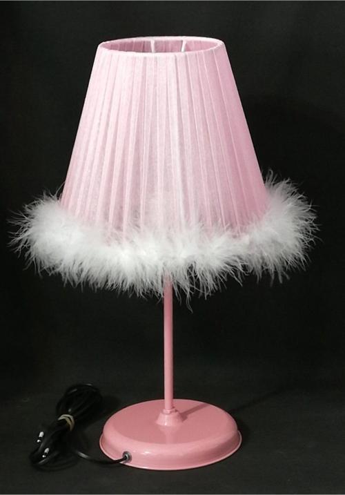 Pembe Kız Çocuk Odası Abajuru Beyaz Tüylü Pembe Metal Ayaklı