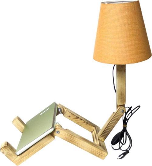 Doğal Ahşap Oturan Adam Abajur Çocuk Odası Abajuru Masa Lambası Turuncu Başlık