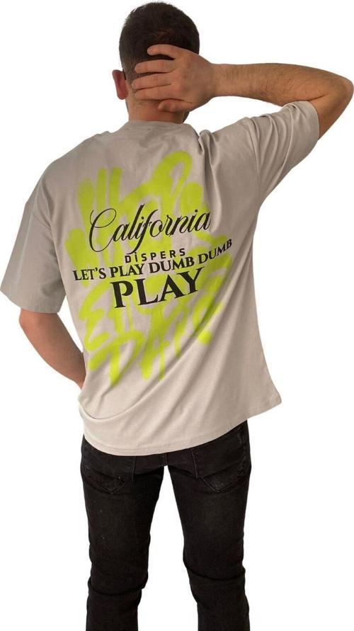 Erkek Tişört Baskılı Bisiklet Yaka Oversize Bej Comfort T-Shirt Erkek Tshirt