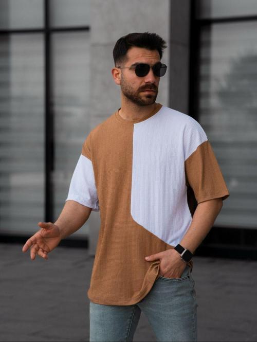 Tişört Erkek Parçalı Desen Regular Fit Bisiklet Yaka Bürümcük Tshirt Erkek T-Shirt