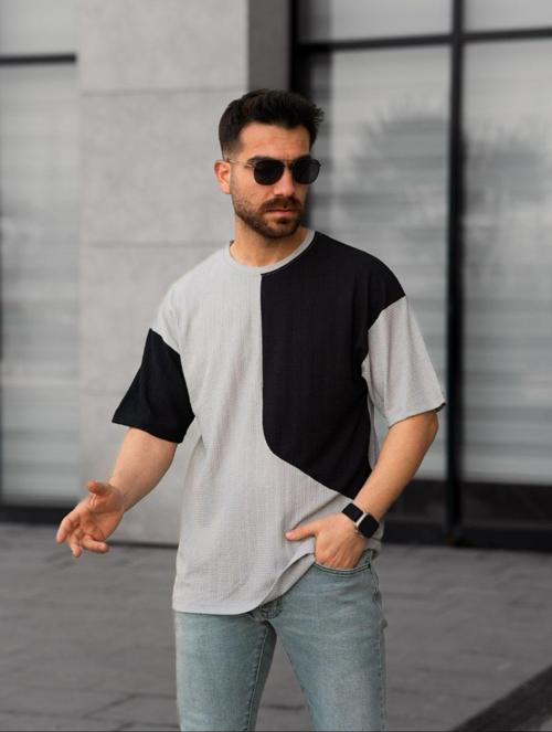 Tişört Erkek Parçalı Desen Regular Fit Bisiklet Yaka Bürümcük Tshirt Erkek T-Shirt