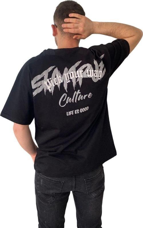 Erkek Tişört Baskılı Bisiklet Yaka Oversize Siyah Comfort T-Shirt Erkek Tshirt