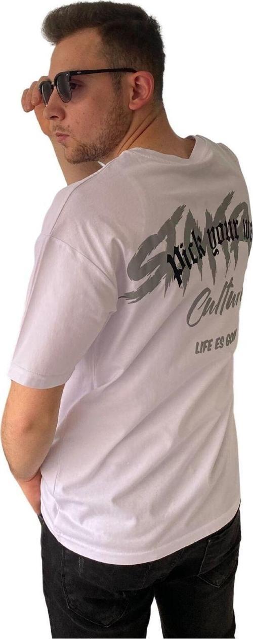 Erkek Tişört Baskılı Bisiklet Yaka Oversize Beyaz Comfort T-Shirt Erkek Tshirt