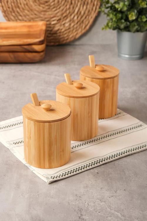 Arven - Bambu 3 lü Kapaklı Kaşıklı Baharat Kavanozu 10 cm x 8,5 cm