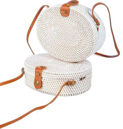 Fiona - Rattan El Yapımı Deri Askılı Hasır Oval Omuz Çantası Ekru