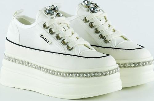 Beyaz Yüksek Taban Kristal Taşlı İnci Detaylı Bağcıklı Gelin Platform Sneaker
