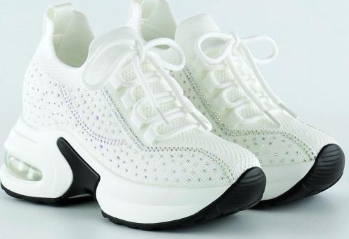 Beyaz Örgü Dokuma Kristal Taşlı Bağcıklı Hava Yastıklı Taban Gizli Dolgu Slip-on Sneaker