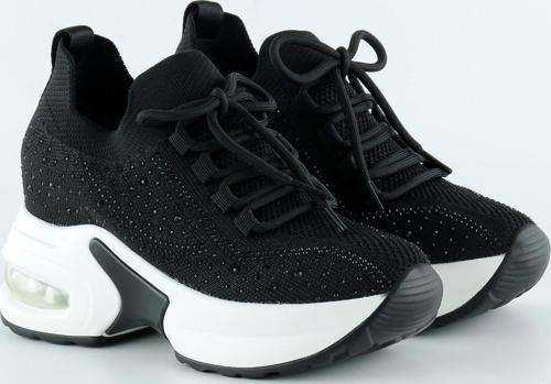 Siyah Beyaz Örgü Dokuma Kristal Taşlı Bağcıklı Hava Yastıklı Taban Gizli Dolgu Slip-on Sneake