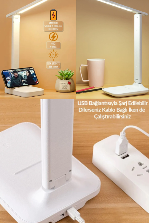 Şarjlı Masa Lambası - 3 Renk Dokunmatik Telefon Stantlı 9W LED 800 Lümen USB Şarjlı