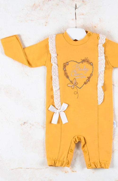 3-12 Ay Kız Bebek Tulumu Love Kalp Nakışlı Sarı