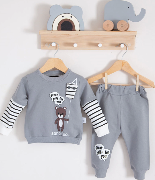 3-18 Ay Erkek Bebek Takımı Gift For You 2'li Gri