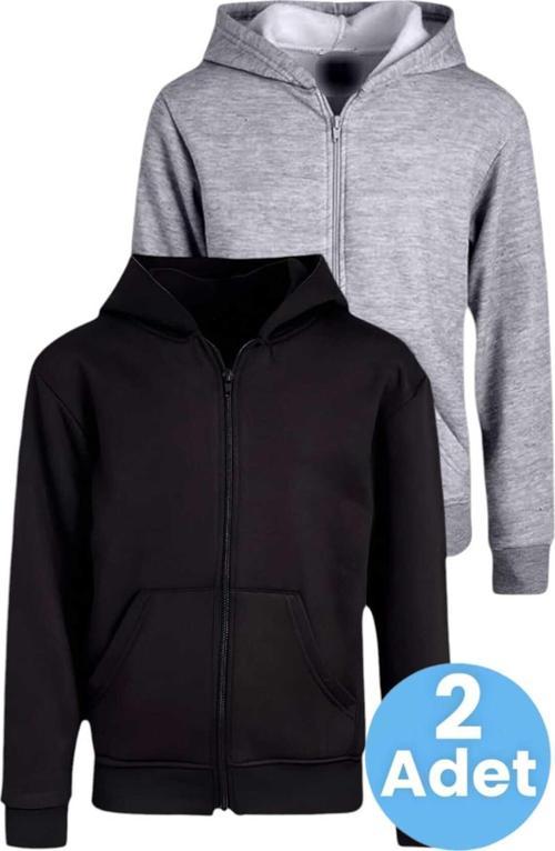 Çocuk Unisex Pamuklu Kapüşonlu Fermuarlı Sweatshirt 2'Li Set