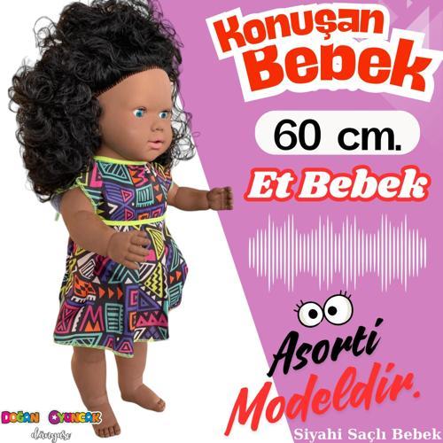 Oynar Gözlü Türkçe Konuşan Siyahi Nazlı Saçlı Et Bebek 60 Cm. - Konuşabilen Bebek - Saçlı Büyük Bebe