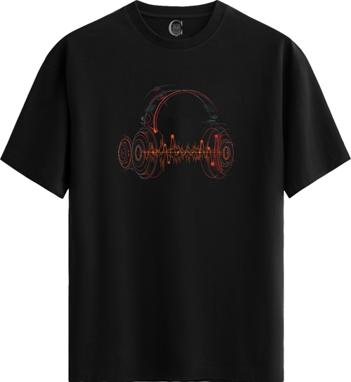 Headphones Lines %100 Pamuklu Kadın Siyah Tişört - Premium Quality