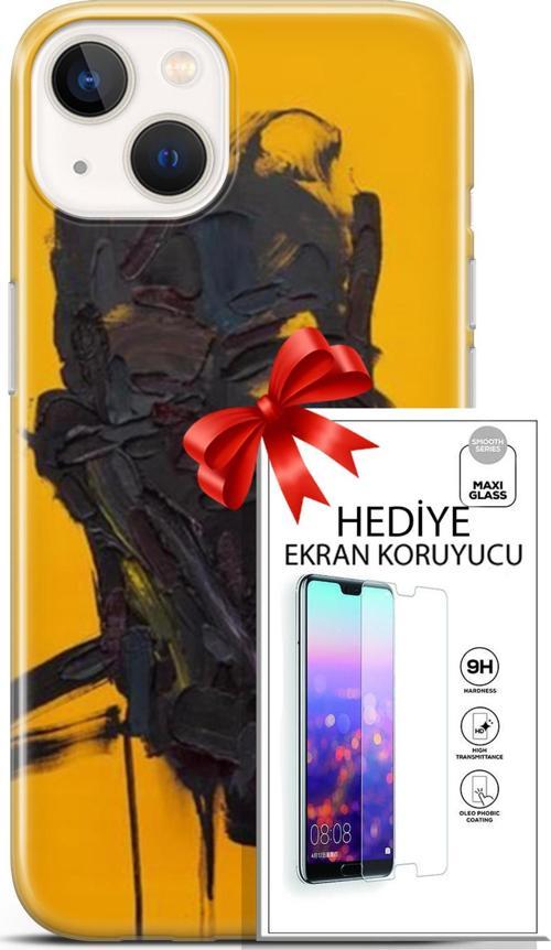 Apple İphone 13 Mini Kılıf Orijinal Seri Soul 07 Sarı Siyah Desenli Kılıf + Ön Ekran Koruyucu