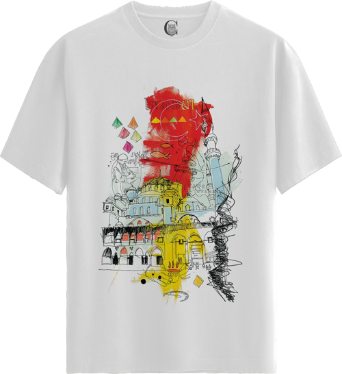 Istanbul Sketch - %100 Pamuklu Kadın Beyaz Tişört - Premium Quality