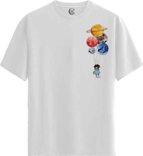 Planet Balloons - %100 Pamuklu Kadın Beyaz Tişört - Premium Quality