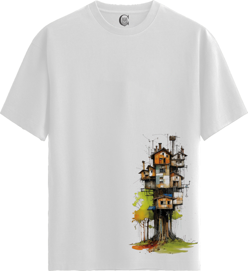 Treehouse City - %100 Pamuklu Erkek Beyaz Tişört - Premium Quality