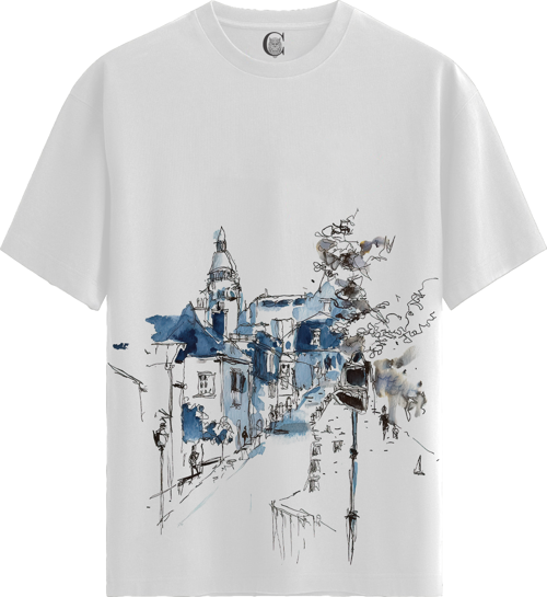 Blue Cityscape - %100 Pamuklu Kadın Beyaz Tişört - Premium Quality