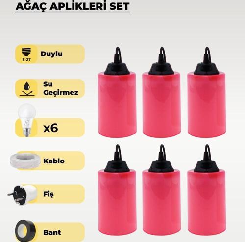 Hazır Şeker Pembe Mavi Silindir Ağaç Feneri - 6 Adet (Sarı Işık Ampul, Kablo, Fiş ve Bant Dahil)