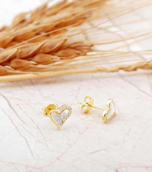 Sedef Taşlı Altın Kaplama Kalp Mini Gümüş Küpe 7274