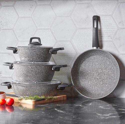Gris Bio Granit 7 Parça Tencere Seti, Tava (Tencere Kapakları Dahil)