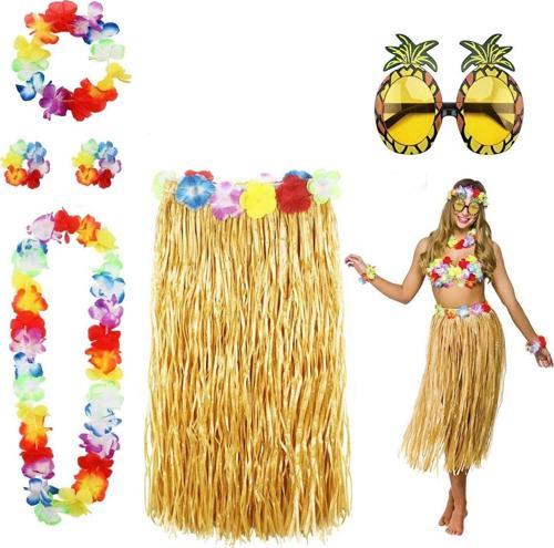 Hawaii Parti Kostüm Seti - 60 cm Hasır Etek, Çiçekli Aksesuarlar ve Ananas Gözlük