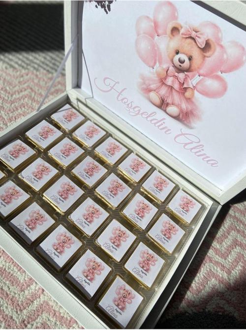 Ayıcıklı Çiçekli Bebek Çikolatası Yenidoğan Hoşgeldin Doğumgünü Çikolatası Kutulu 48 Adet