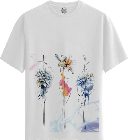 Abstract Blooms - %100 Pamuklu Kadın Beyaz Tişört - Premium Quality