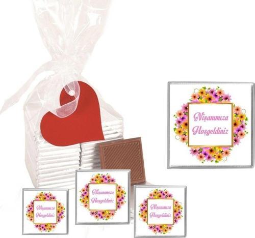Madlen Çikolata Sargılı Nişan Modeli Çiçek Desenli 25 Adet Jelatin Poşetli Kalpli Etiketli