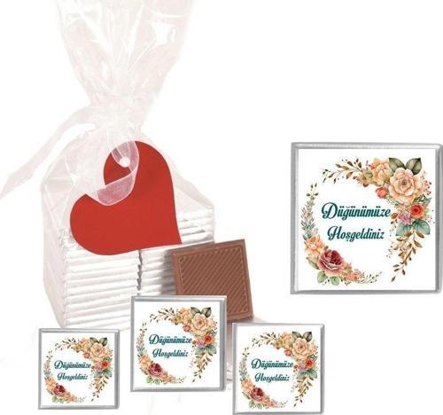 Madlen Çikolata Sargılı Düğün Modeli Çiçek Desenli 70 Adet Jelatin Poşetli Kalpli Etiketli
