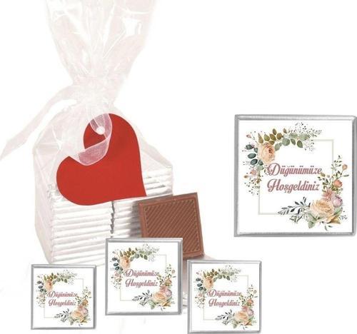 Madlen Çikolata Sargılı Düğün Modeli Çiçek Desenli 70 Adet Jelatin Poşetli Kalpli Etiketli