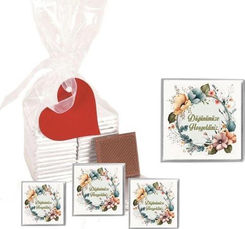 Madlen Çikolata Sargılı Düğün Modeli Çiçek Desenli 70 Adet Jelatin Poşetli Kalpli Etiketli