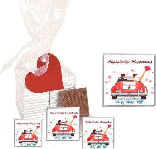 Madlen Çikolata Sargılı Düğünümüze Hoşgeldiniz Marka 70 Adet Jelatin Poşetli Kalpli Etiketli