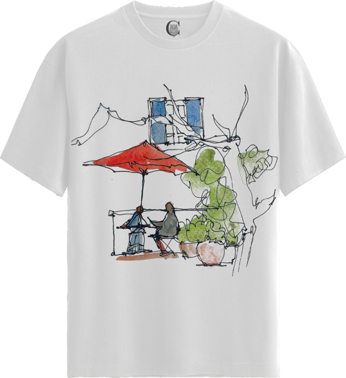 Cafe Sketch - %100 Pamuklu Kadın Beyaz Tişört - Premium Quality