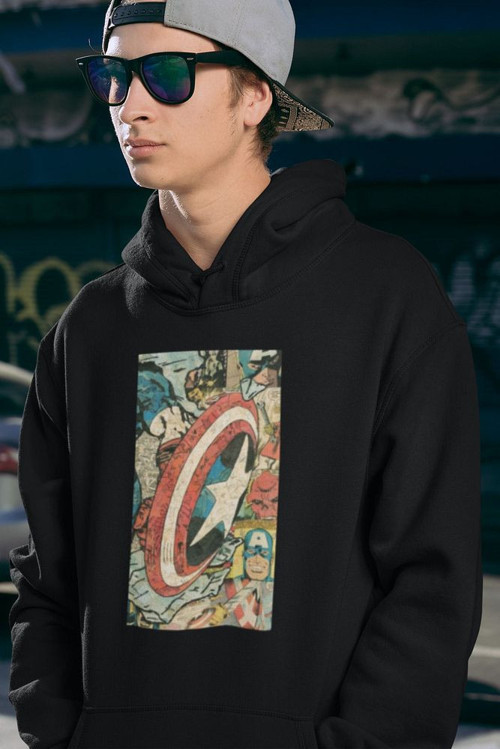 Vintage Kaptan Amerika Baskılı Unisex Oversize Hoodie